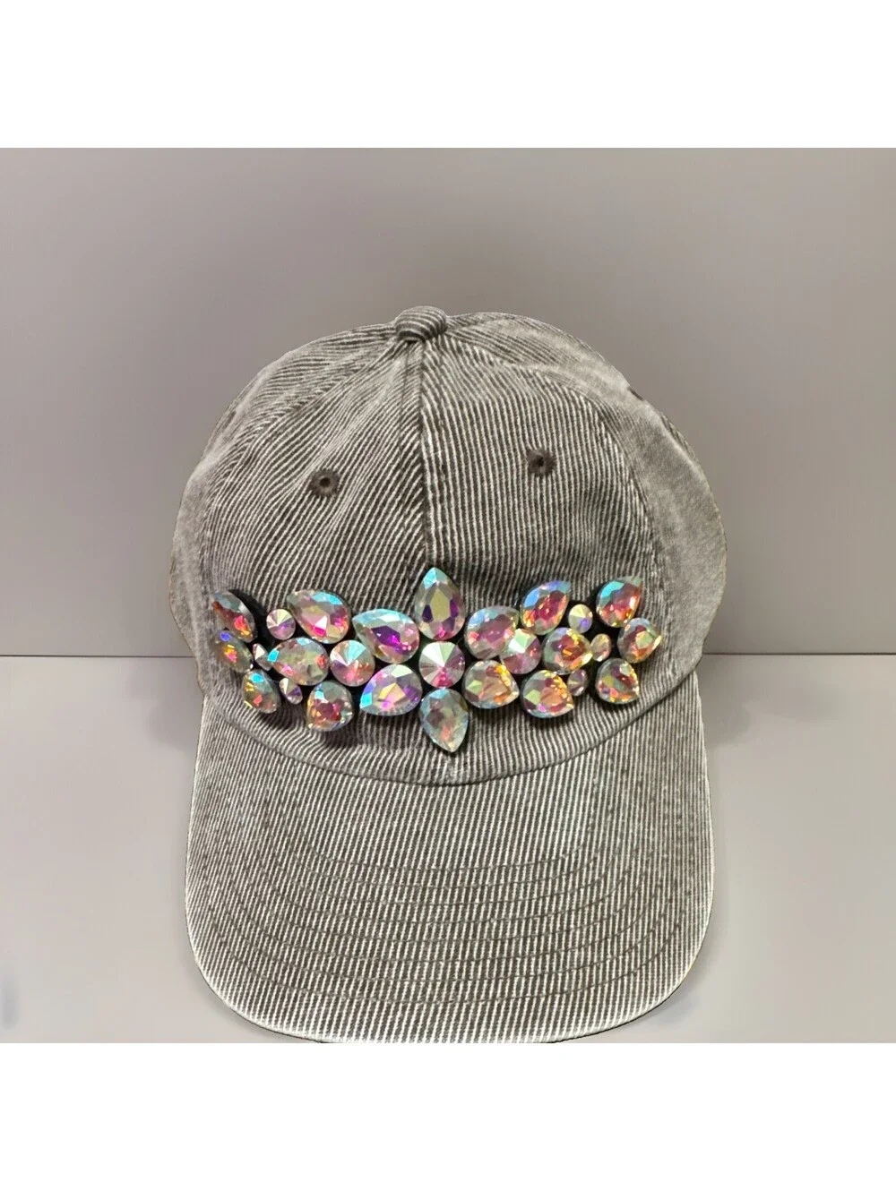 Handmade Women’s Gray Designer Cap w/ Multicolor Rhinestone Accent, One Size